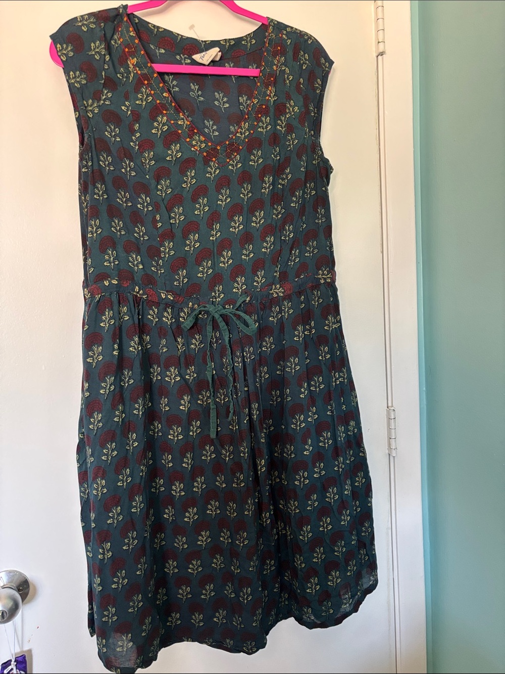 Mata Traders Teal sleeveless  Midi Dress with Tie Waist Large L Fair Trade